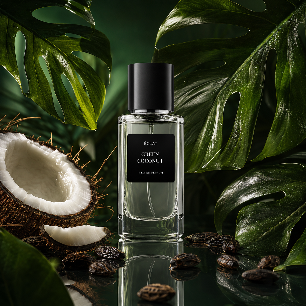 Flakon perfum ÉCLAT Green Coconut stoi otoczony bujnymi zielonymi liśćmi i rozłupaną kokosem, uchwycając tropikalną esencję.
