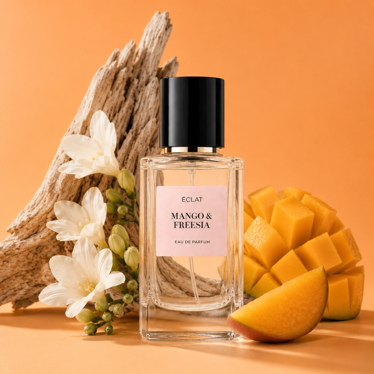 Fasetowana szklana butelka perfum ÉCLAT Mango & Freesia z czarną nakrętką, otoczona białymi frezjami, pokrojonym mango i dryfującym drewnem na pomarańczowym tle.