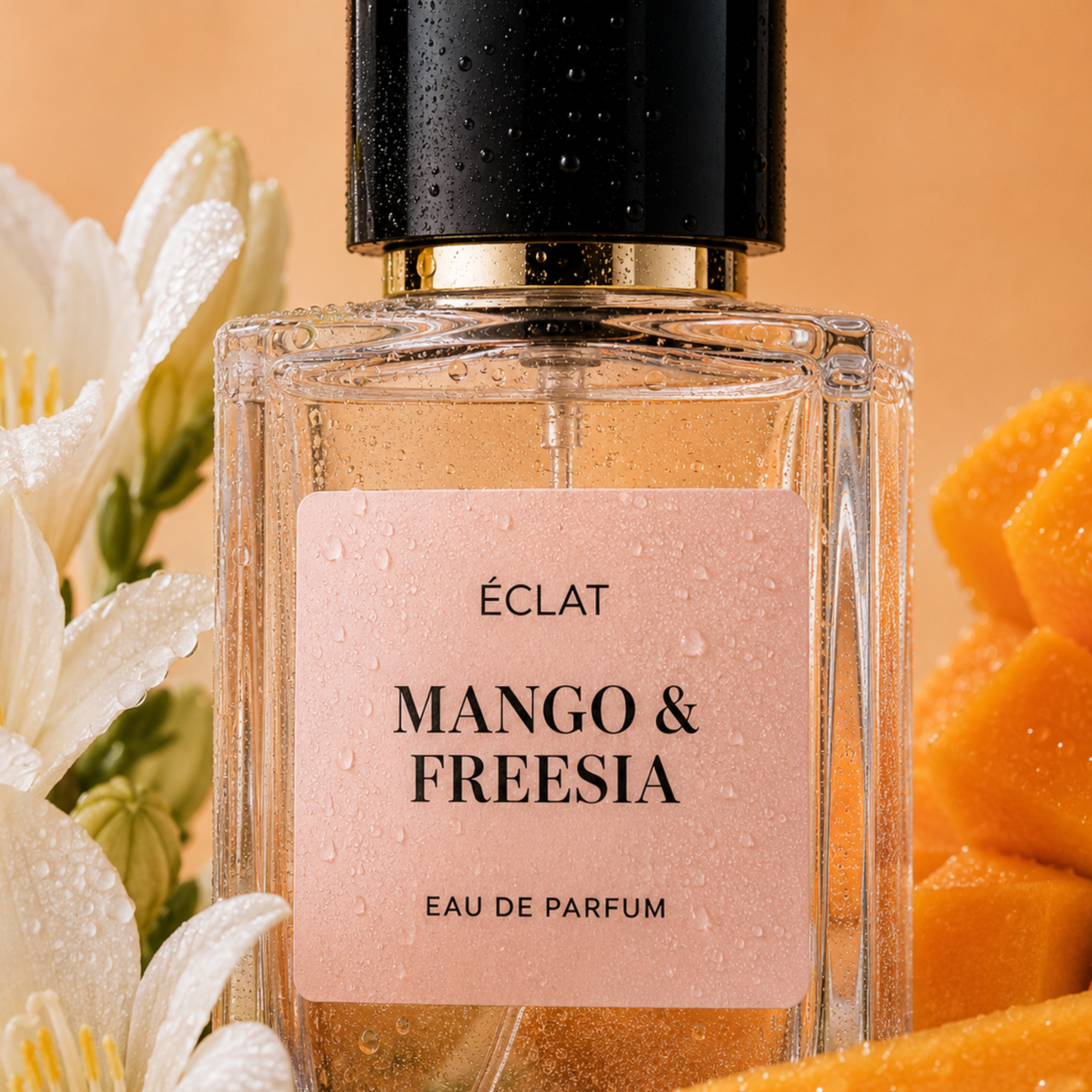 Fasetowana szklana butelka ÉCLAT Mango & Freesia z czarno-złotą nakrętką, otoczona białymi kwiatami i kawałkami mango.