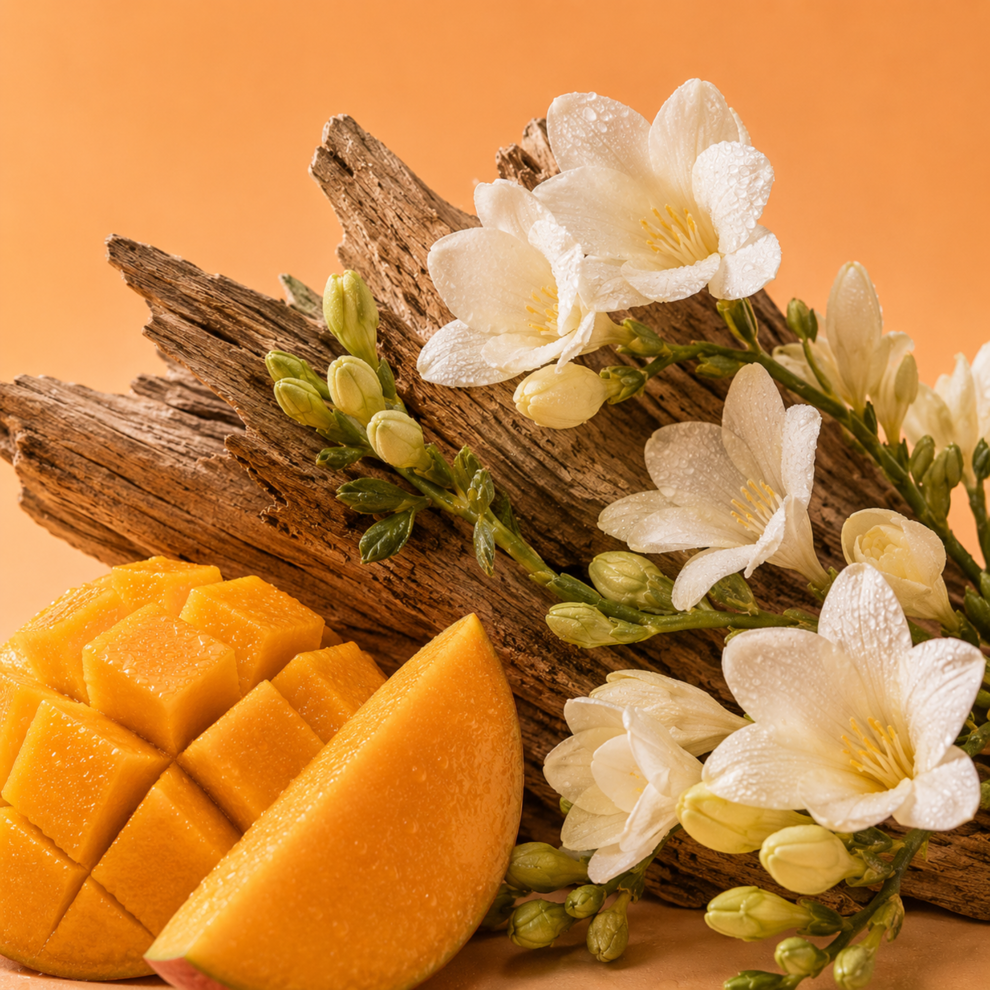 Kompozycja z pokrojonego mango, kwiatów frezji i rustykalnego drewna podkreśla zapach ÉCLAT Mango & Freesia.