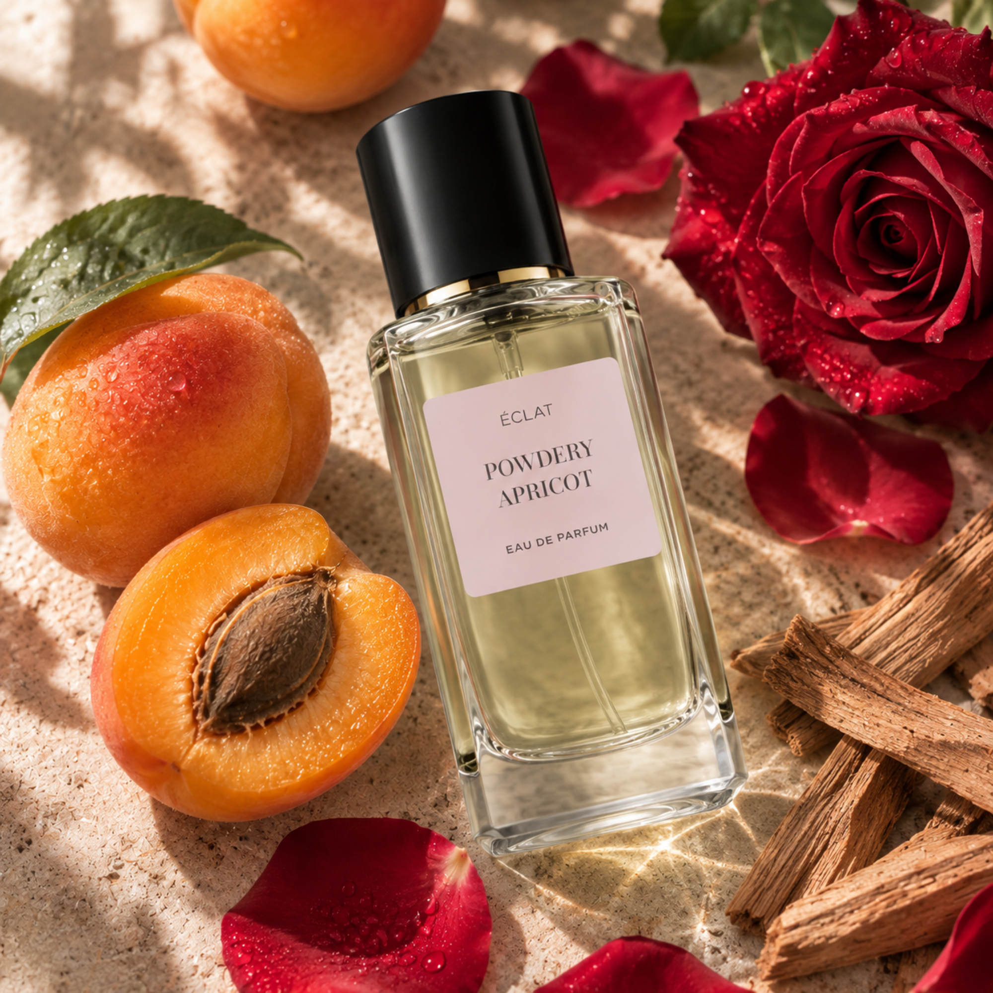 Fasadowa szklana butelka ÉCLAT Powdery Apricot otoczona świeżymi morelami, czerwoną różą i laskami cynamonu.