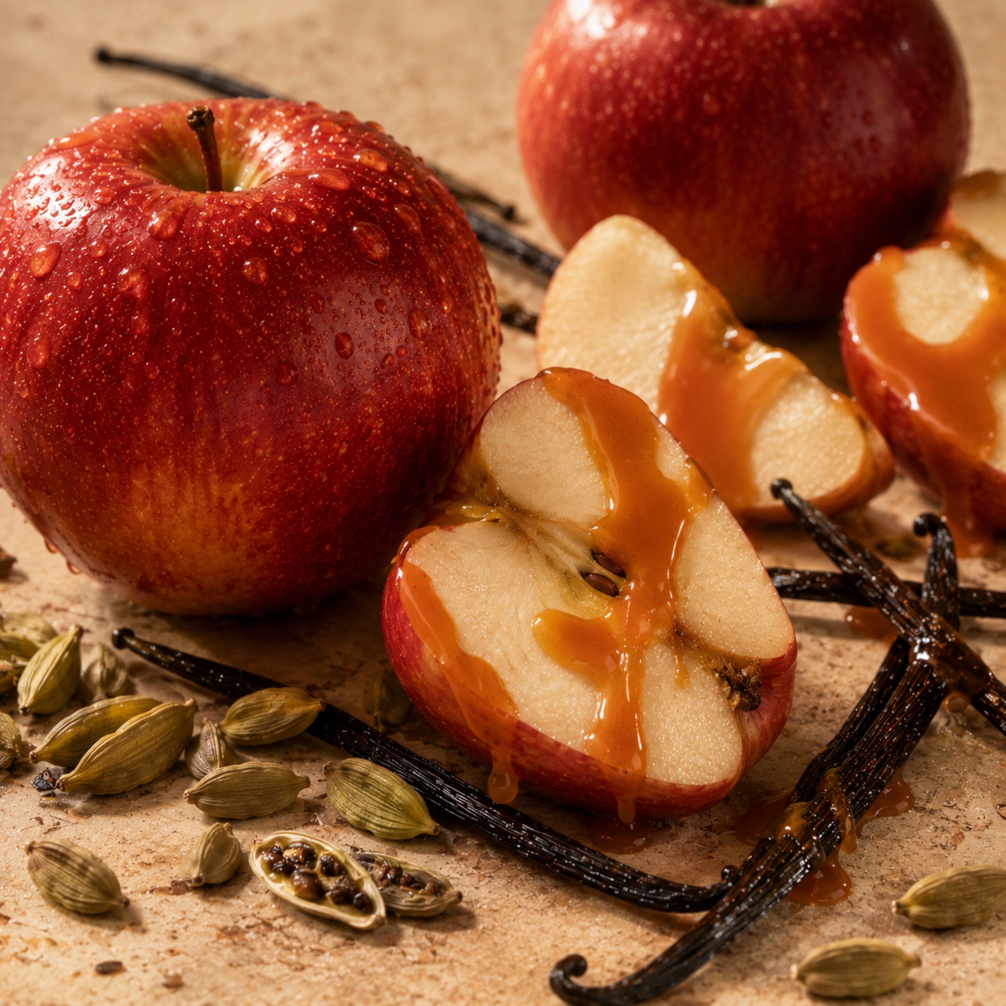 Jasnoczerwone jabłko z polewą karmelową, otoczone strąkami wanilii i całym kardamonem, oddaje istotę ÉCLAT VIP - Spicy Apple.