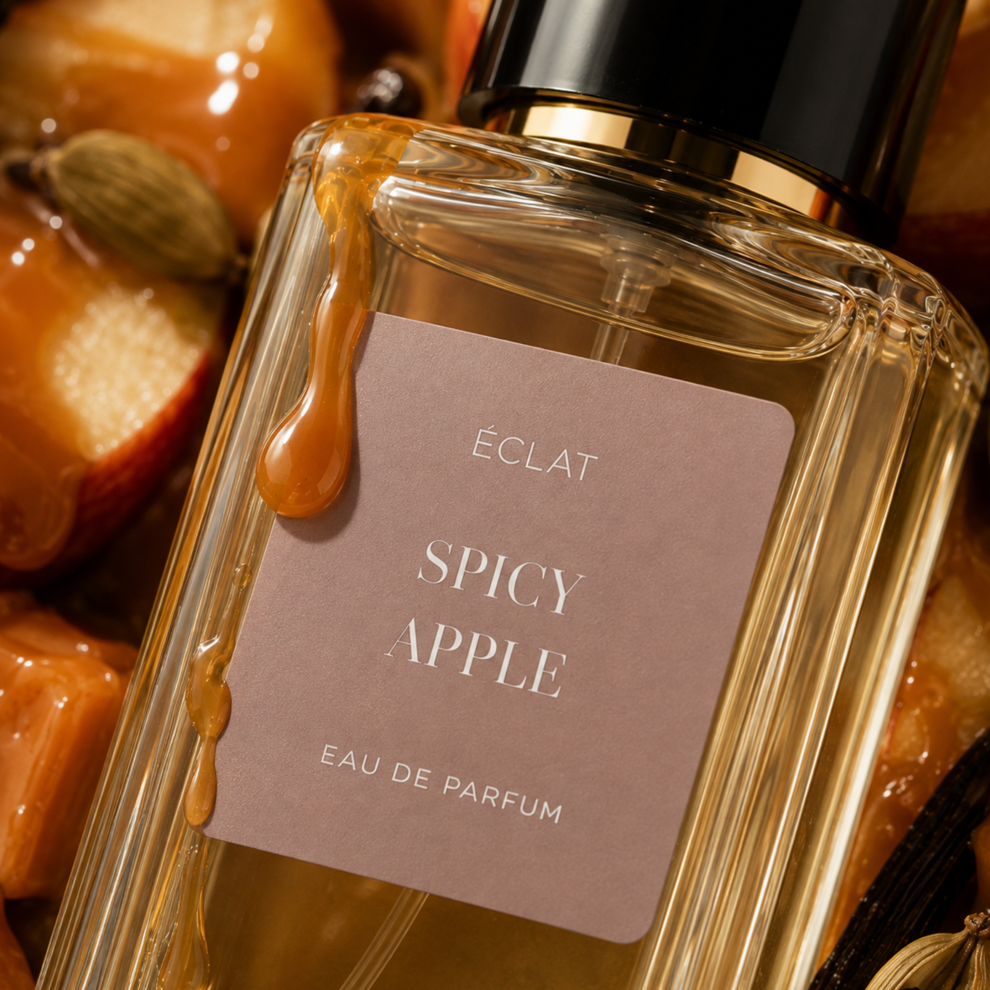 Fasadowa szklana butelka z czarną i złotą nakrętką ÉCLAT Spicy Apple, otoczona sosem karmelowym, plasterkami jabłka, kardamonem i wanilią.
