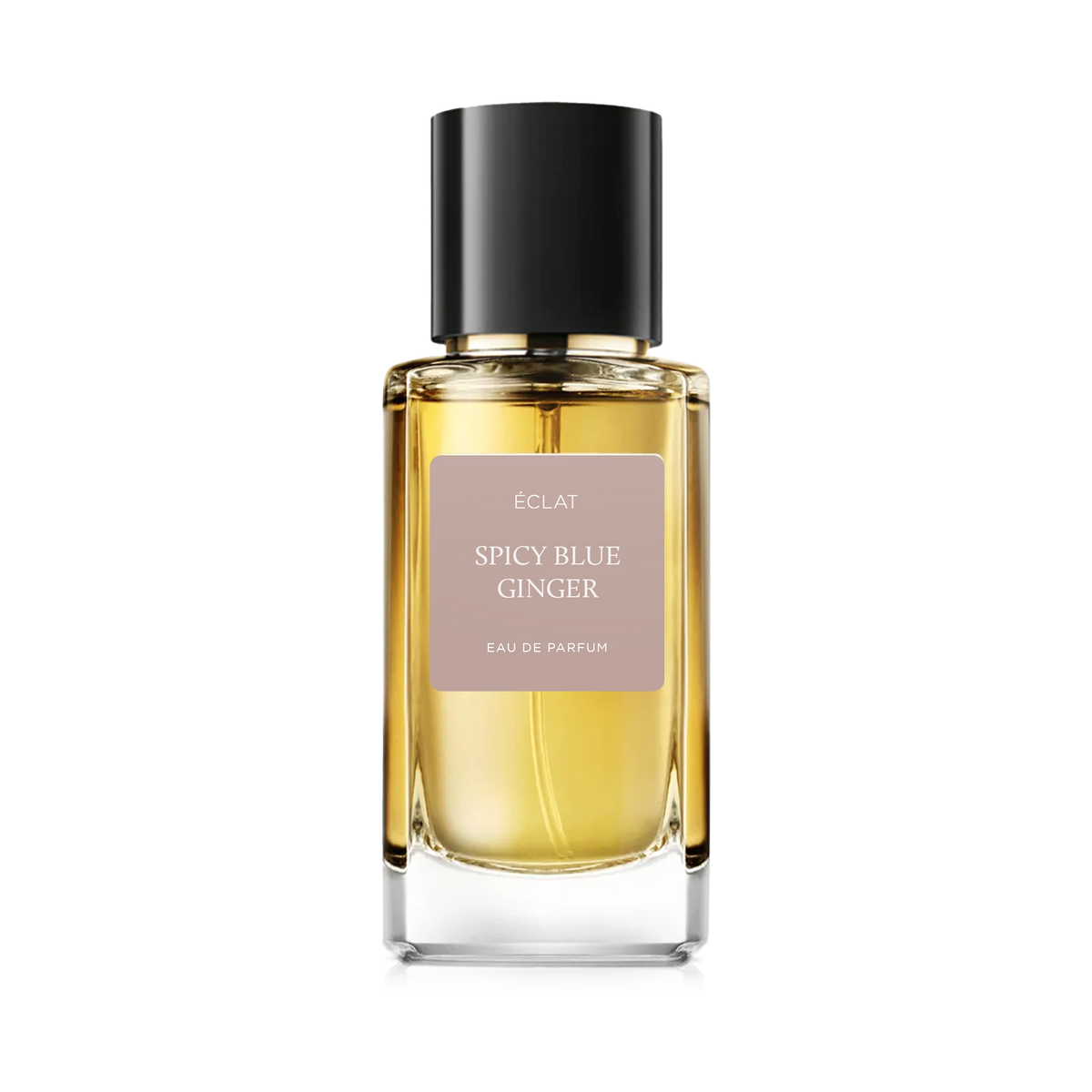 Flakon perfum ÉCLAT SPICY BLUE GINGER z przezroczystego szkła z czarną nakrętką.