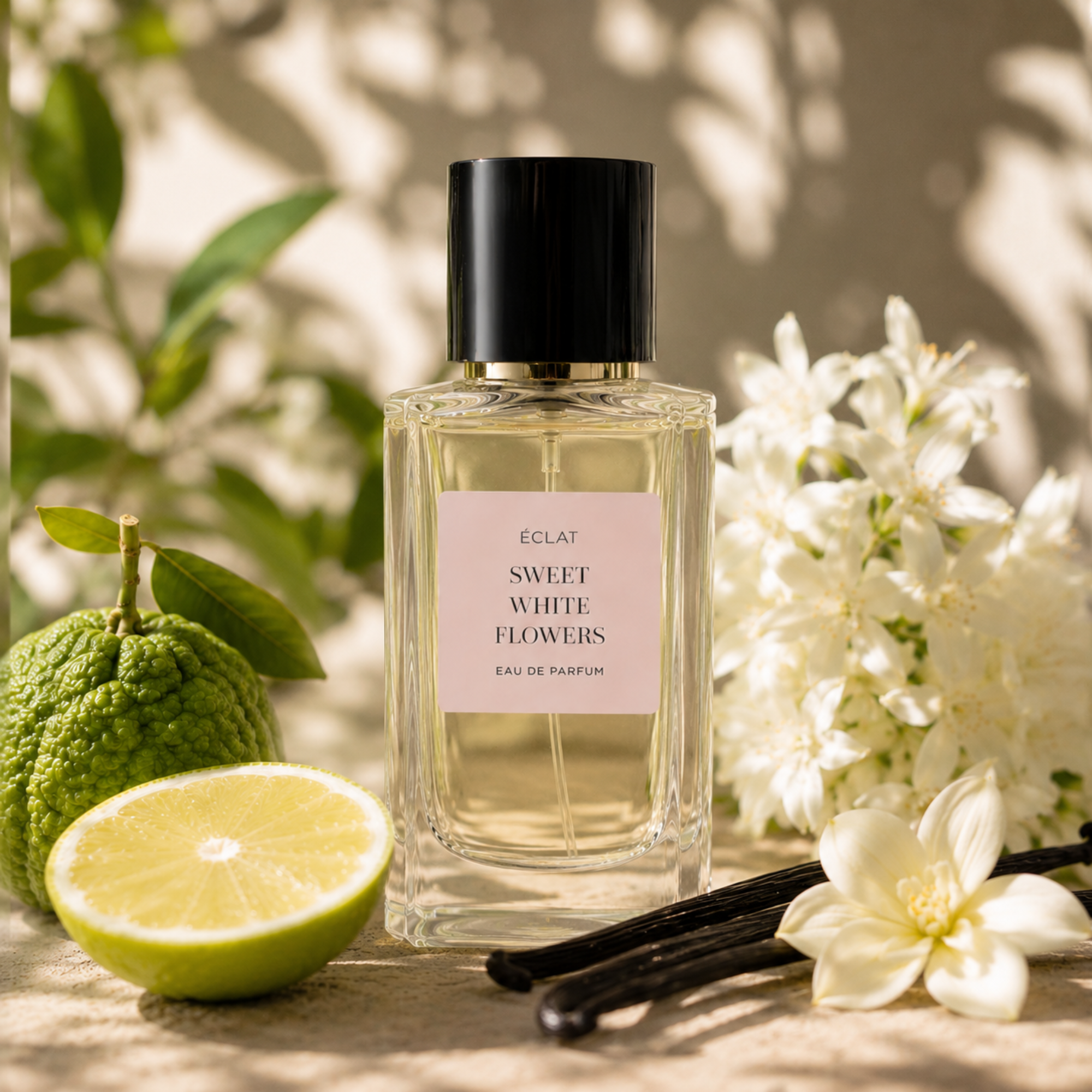 Flakon perfum ÉCLAT Sweet White Flowers z czarną nakrętką otoczony białymi kwiatami, bergamotką, połówką limonki i laskami wanilii.