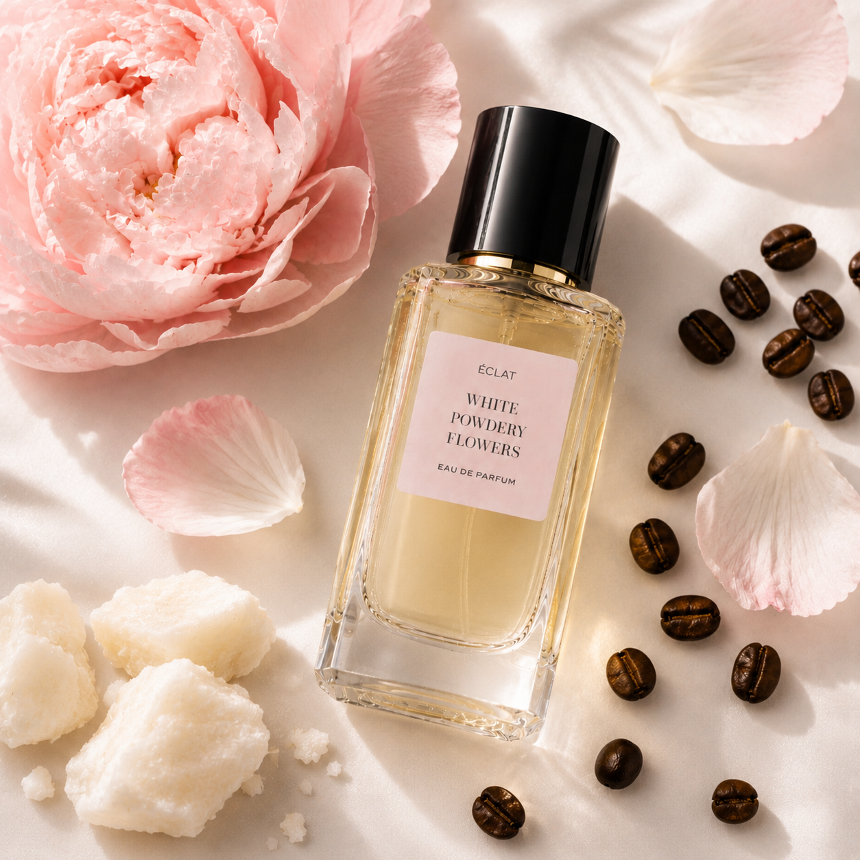Flakon perfum ÉCLAT White Powdery Flowers z czarnym korkiem na satynowej powierzchni otoczony różową piwonią, płatkami, ziarnami kawy i pudrowymi kawałkami.