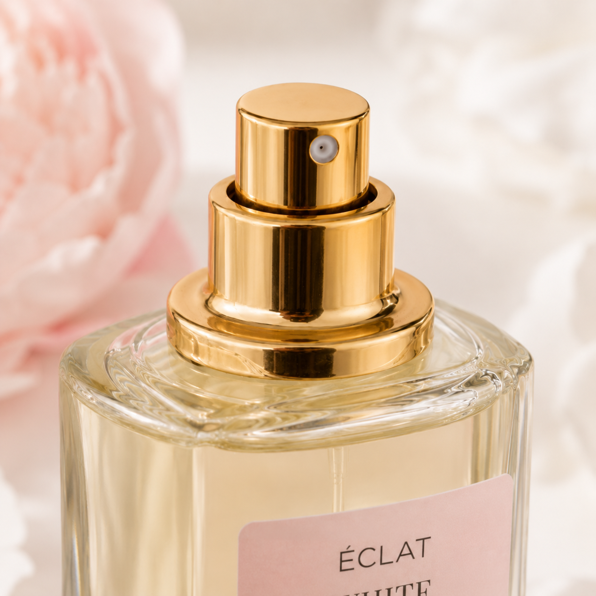 Fasetowana szklana butelka ÉCLAT White Powdery Flowers ze złotym atomizerem i różową etykietą, otoczona delikatnymi kwiatowymi detalami.