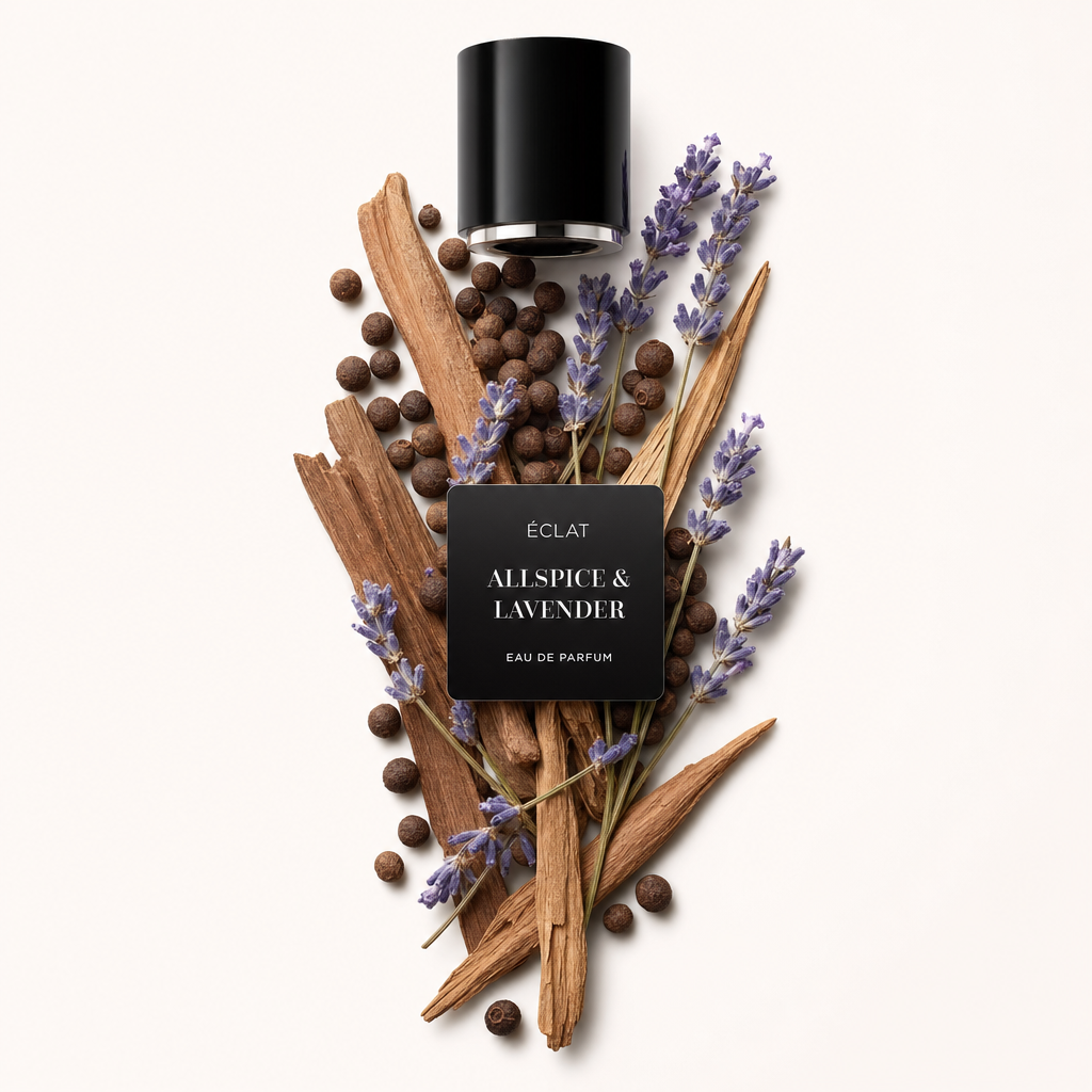 Aranżacja z ziarenek ziela angielskiego, lasek cynamonu i gałązek lawendy otaczająca czarną nakrętkę z etykietą ÉCLAT Allspice & Lavender.