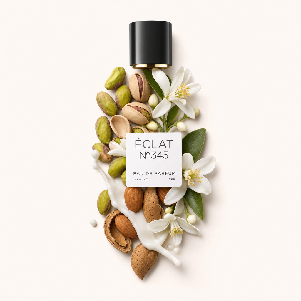 Aranżacja z migdałów, pistacji i białych kwiatów, z czarną nakrętką i etykietą ÉCLAT Almond & Pistachio.