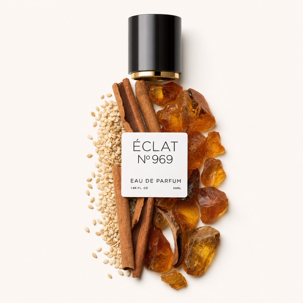 Aranżacja z lasek cynamonu, kawałków żywicy bursztynowej i nasion sezamu otacza czarną nakrętkę z etykietą ÉCLAT Amber & Cinnamon Honey.
