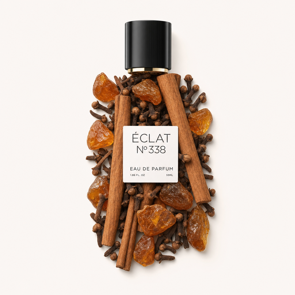 Kompozycja z goździków, bursztynowych kamieni i lasek cynamonu wokół czarnej nasadki z etykietą ÉCLAT Amber & Spices.