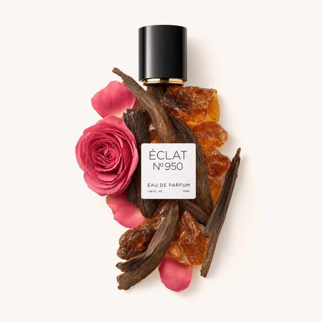 Kompozycja z żywicy bursztynowej, drewna oud i różowej róży z płatkami, otacza czarną nakrętkę z etykietą ÉCLAT Ambergris & Oud.