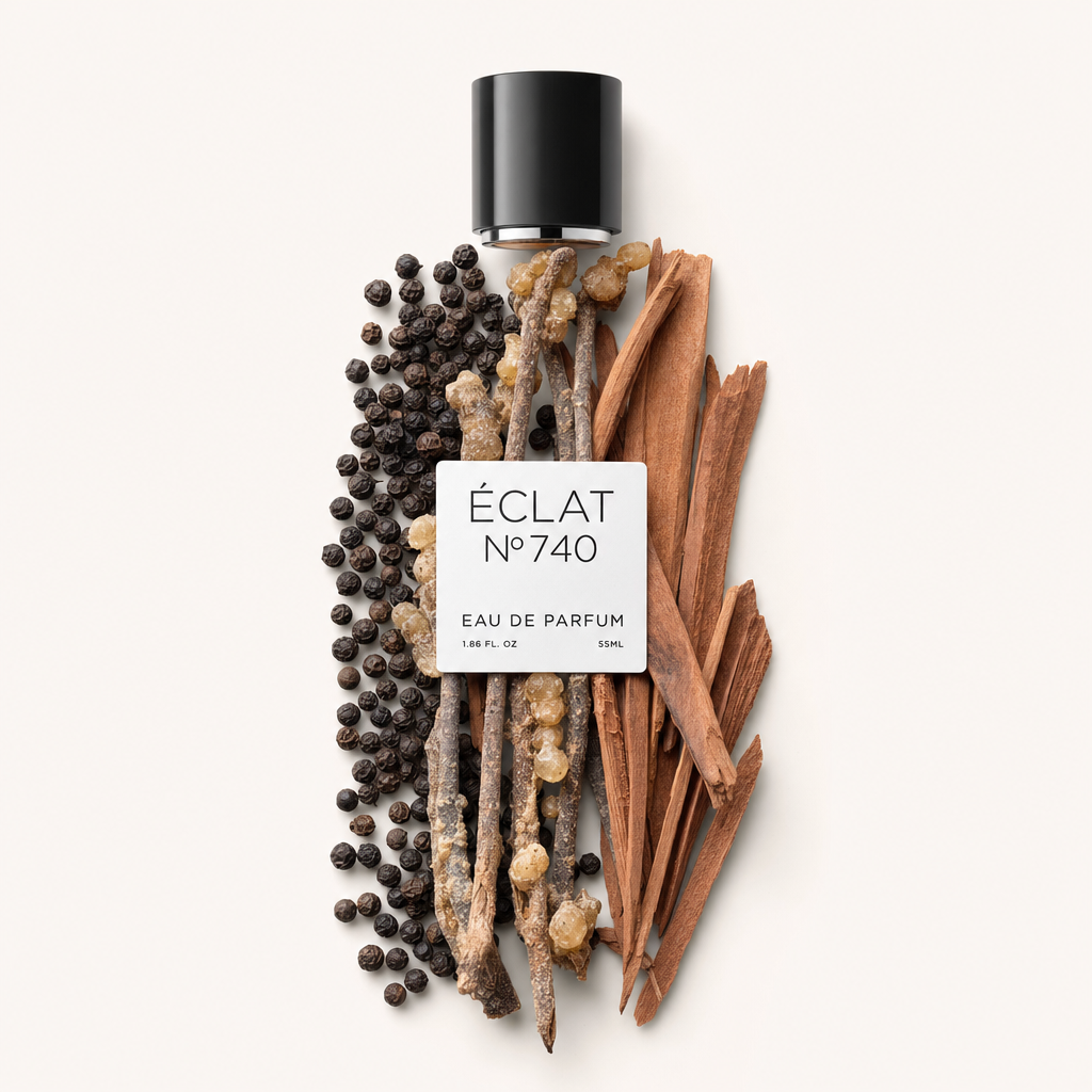 Kompozycja z czarnych ziaren pieprzu, patyków sandałowca i żywicy wokół czarnej nakrętki z etykietą ÉCLAT Ambery Sandalwood.