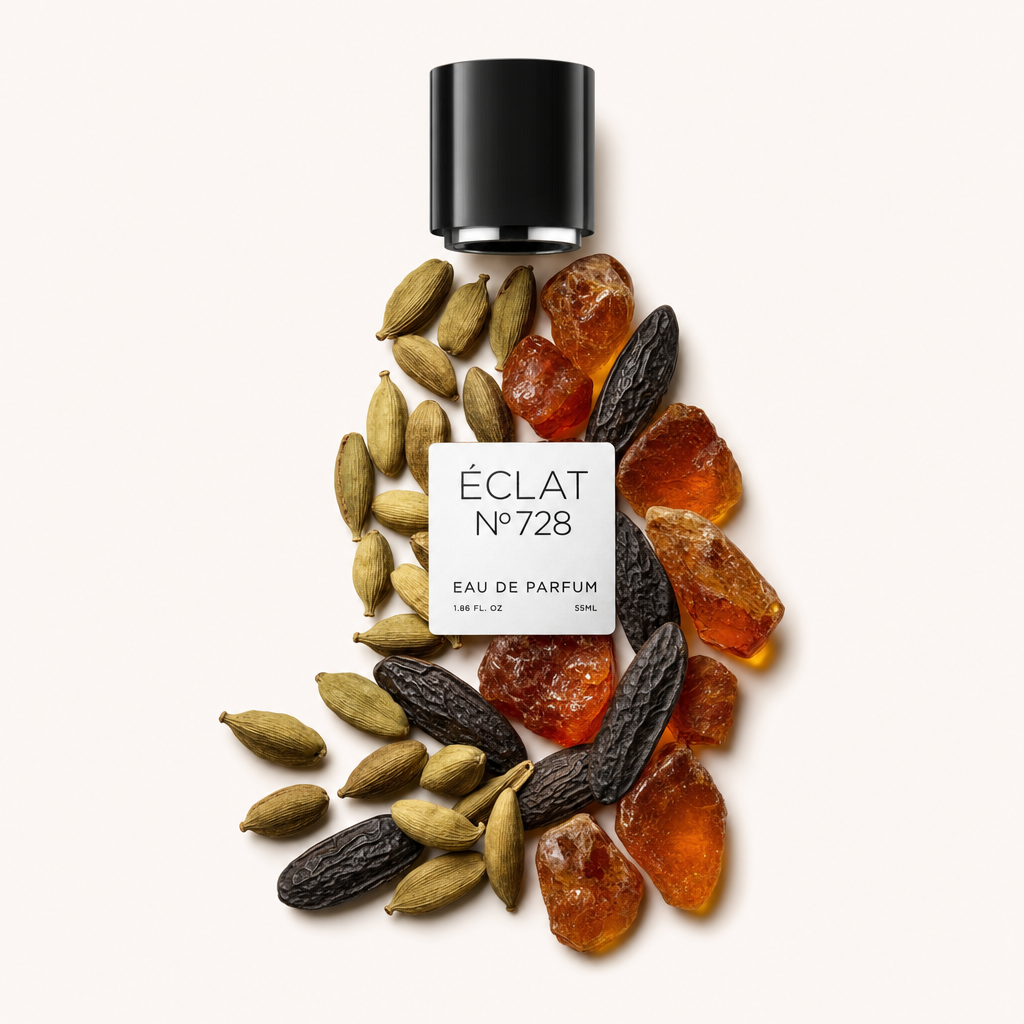 Artystyczna kompozycja z żywicy bursztynowej, fasoli tonka i kardamonu otacza czarną nakrętkę z etykietą ÉCLAT Ambery Tonka Bean.