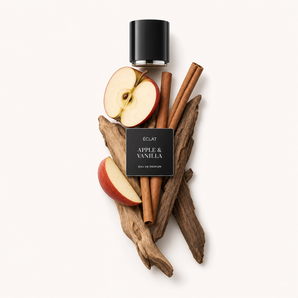 Kompozycja z lasek cynamonu, plasterków jabłka i drewna dryfującego z czarną nakrętką oznaczoną ÉCLAT Apple & Vanilla.