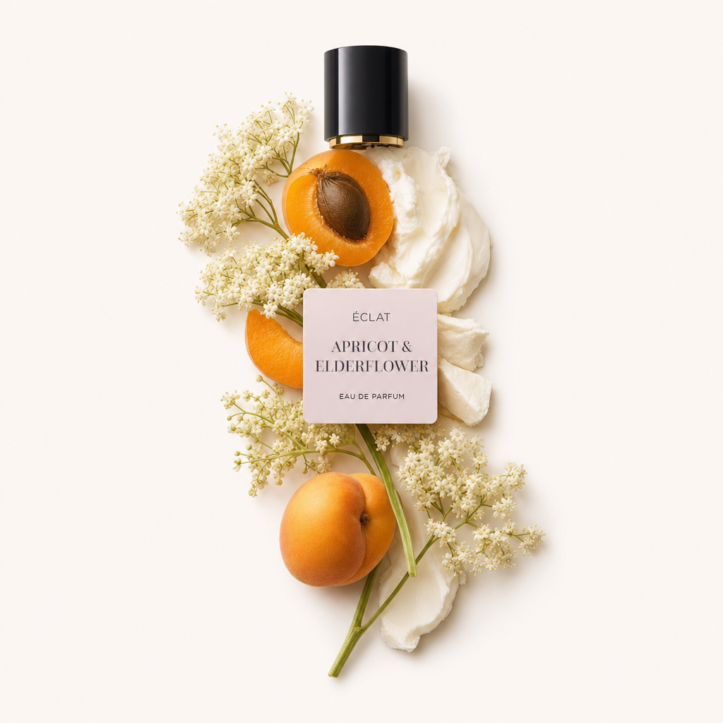 Kompozycja świeżych moreli, kwiatów czarnego bzu i delikatnego kremu, w towarzystwie czarnej nakrętki z etykietą ÉCLAT Apricot & Elderflower.