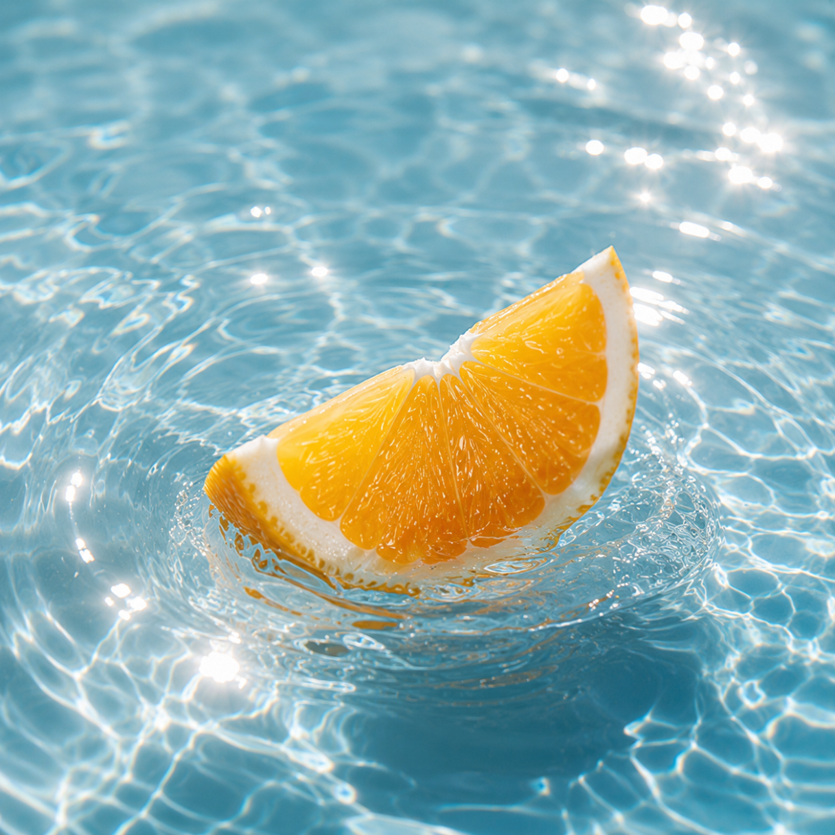 Plasterek żywej pomarańczy unosi się w czystej, słonecznej wodzie, ucieleśniając esencję ÉCLAT Aquatic Citrus Fruits.