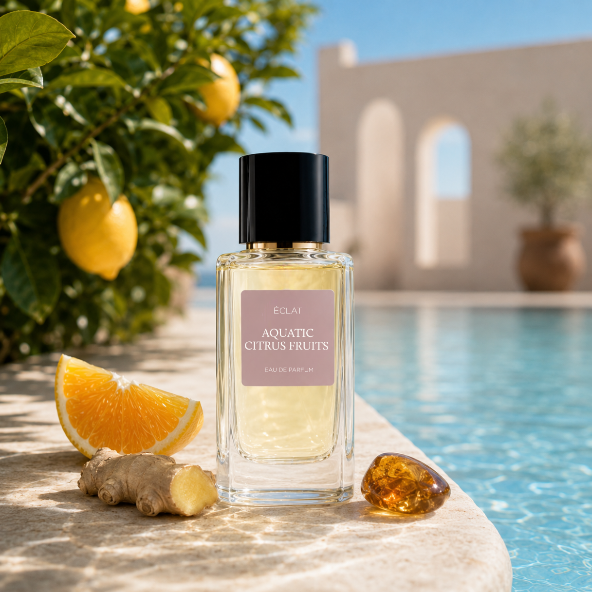 Perfumy ÉCLAT Aquatic Citrus Fruits w fasetowanej szklanej butelce z czarnym korkiem, obok owoców cytrusowych i imbiru przy basenie.