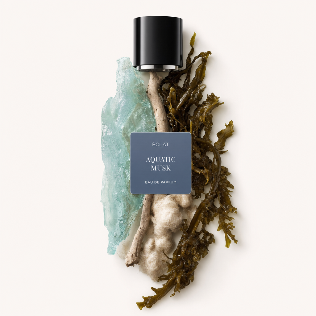Eleganckie ułożenie akwamarynowego kryształu, drewna dryfującego i wodorostów pod czarną nakrętką z etykietą ÉCLAT Aquatic Musk.