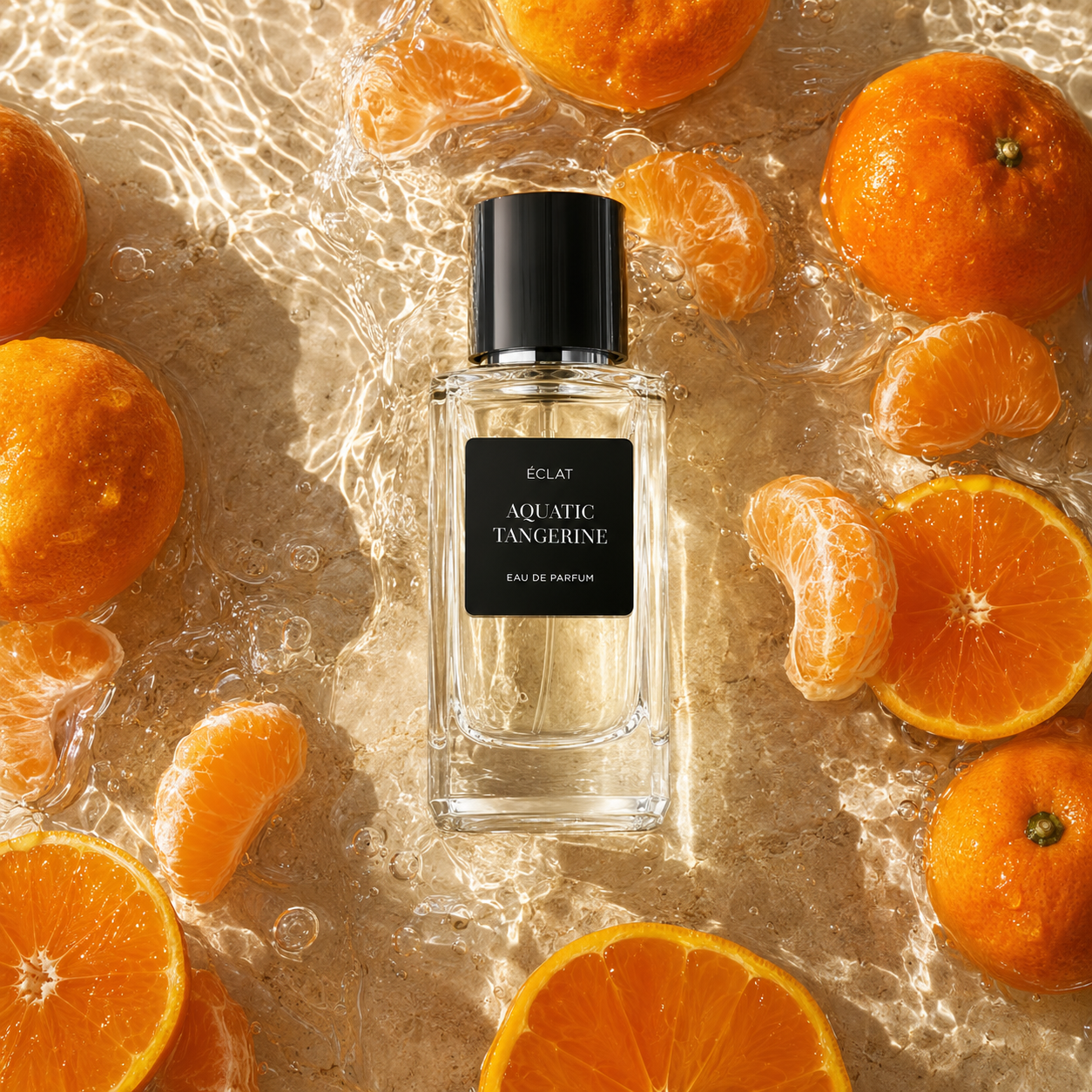Fasetowany szklany flakon ÉCLAT Aquatic Tangerine Eau de Parfum otoczony świeżymi mandarynkami i segmentami na lśniącej wodnej powierzchni.