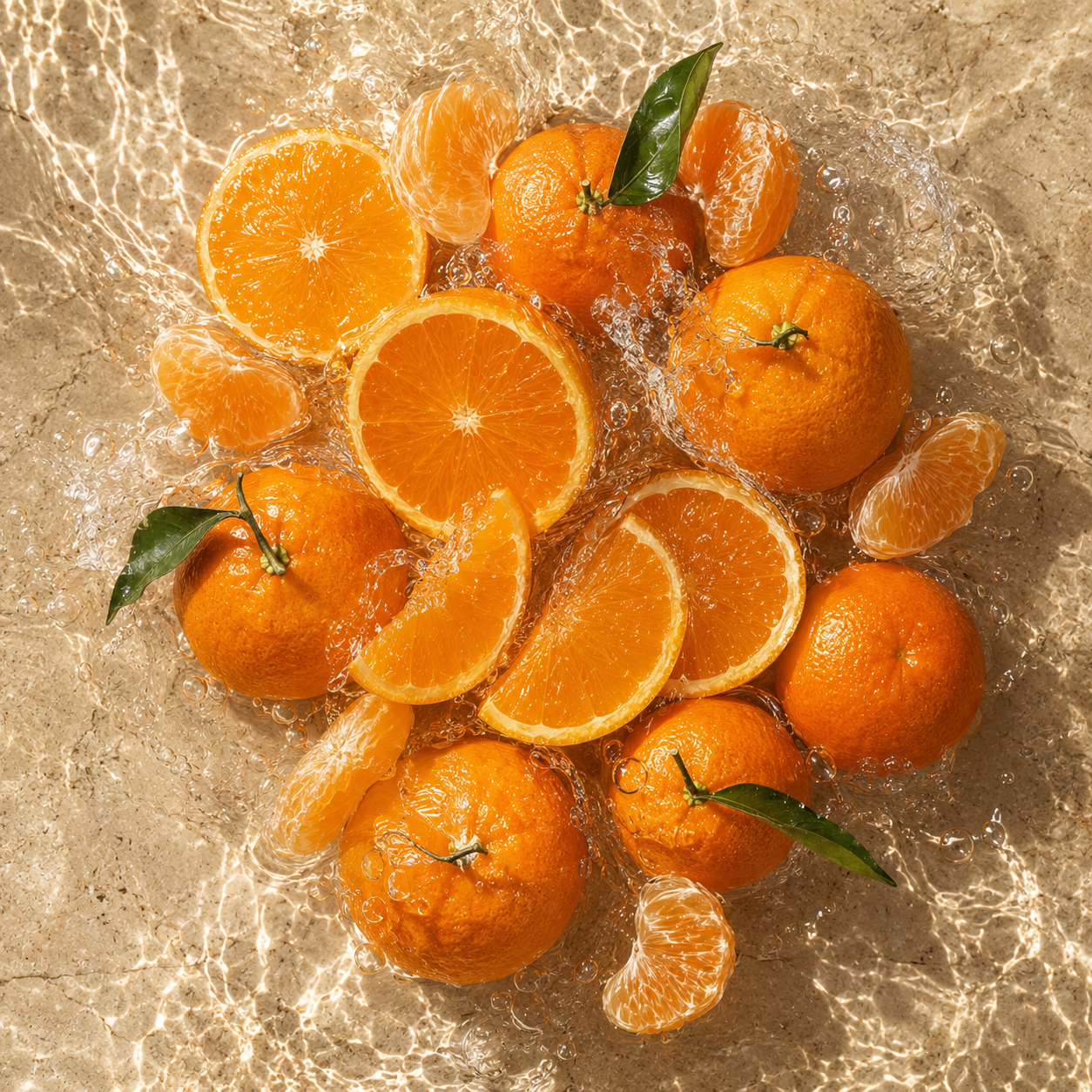 Żywa kompozycja całych i pokrojonych pomarańczy oraz mandarynek otoczonych wodą na kamiennej powierzchni ucieleśnia ÉCLAT Aquatic Tangerine.