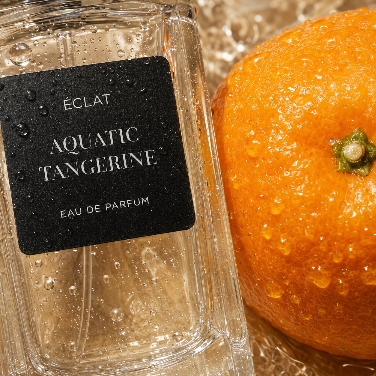 Fasetowana szklana butelka ÉCLAT Aquatic Tangerine z czarną etykietą obok świeżej mandarynki, ozdobiona kroplami wody.