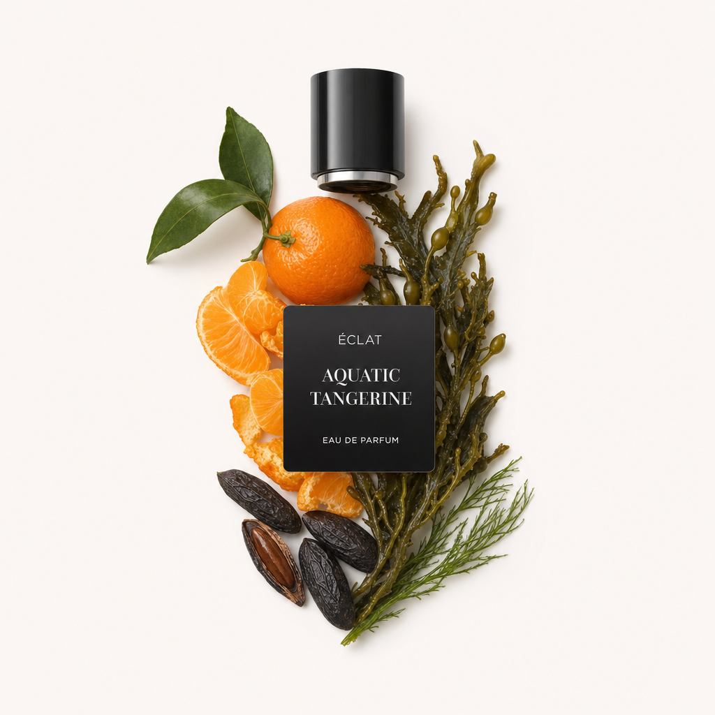 Starannie ułożona martwa natura składników zapachowych ÉCLAT Aquatic Tangerine, złożona ze świeżych mandarynek, wodorostów i fasoli tonka, z czarną nakrętką i etykietą na górze.