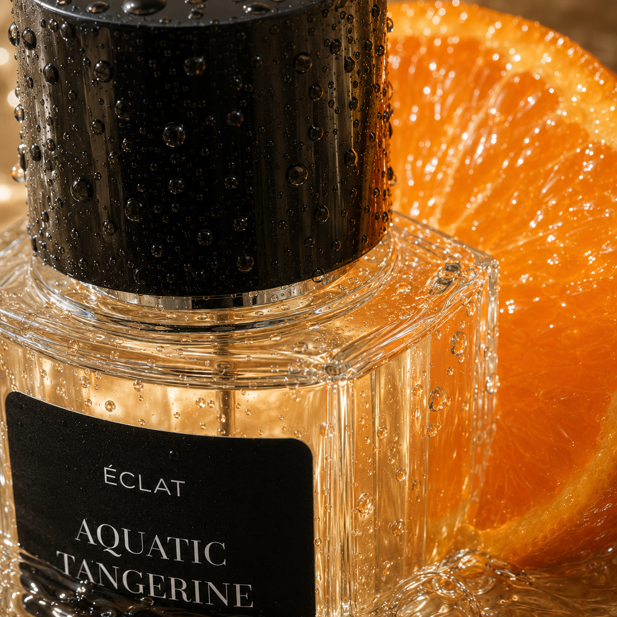 ÉCLAT Aquatic Tangerine w szklanej butelce z czarną nakrętką, ozdobione kroplami wody i świeżym kawałkiem mandarynki w tle.