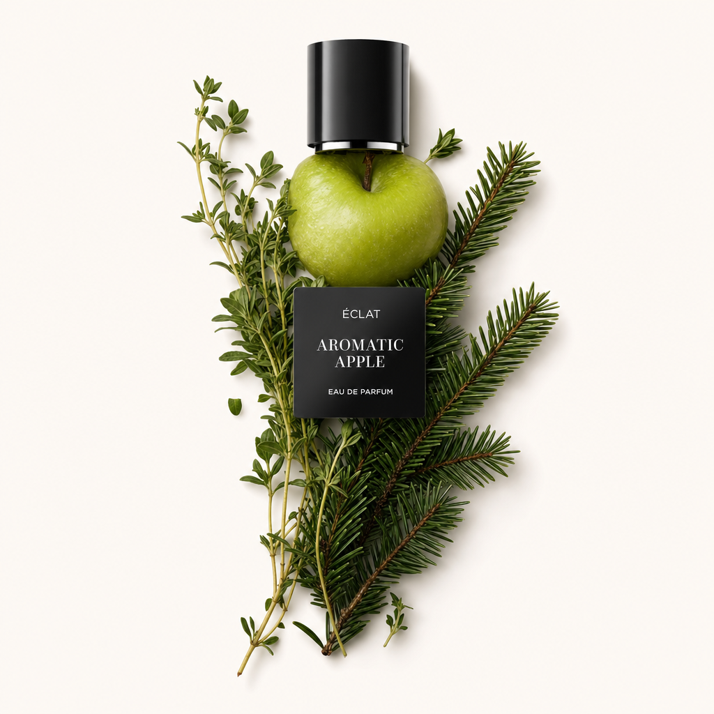 Aranżacja z chrupiącego zielonego jabłka z gałązkami świeżego tymianku i gałązkami sosny, zwieńczona czarną nakrętką z etykietą ÉCLAT Aromatic Apple.