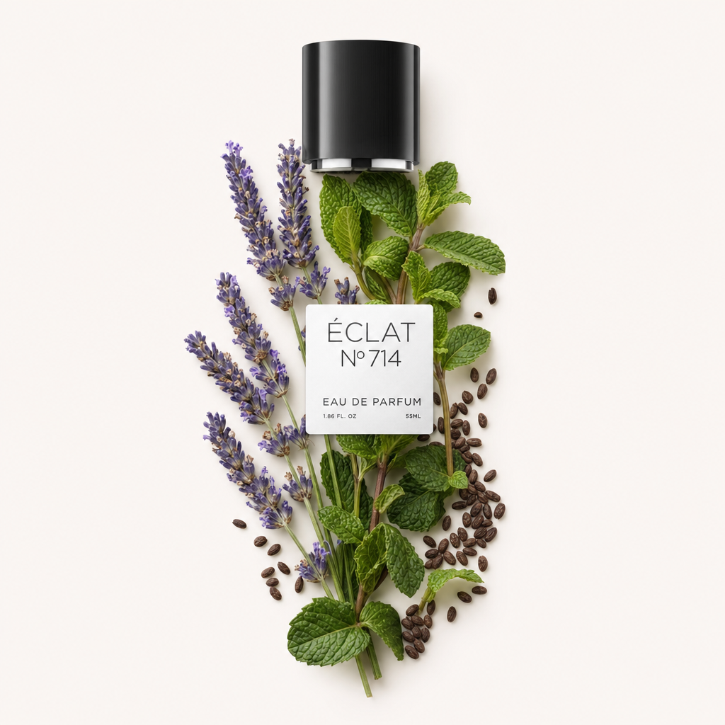 Kompozycja gałązek lawendy i świeżych liści mięty, uzupełniona ziarnami kawy, otacza oryginalną czarną nakrętkę z etykietą ÉCLAT Aromatic Lavender.