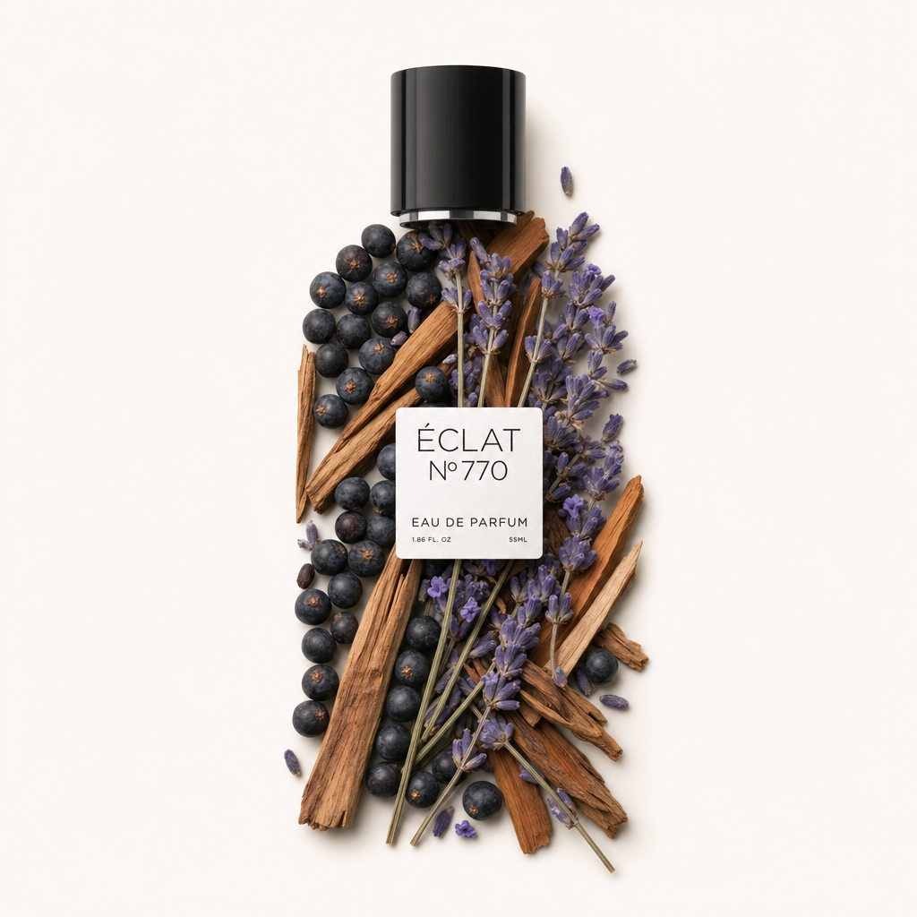 Aranżacja z patyczków sandałowych, jagód jałowca i gałązek lawendy otacza czarną nasadkę z etykietą ÉCLAT Aromatic Sandalwood.