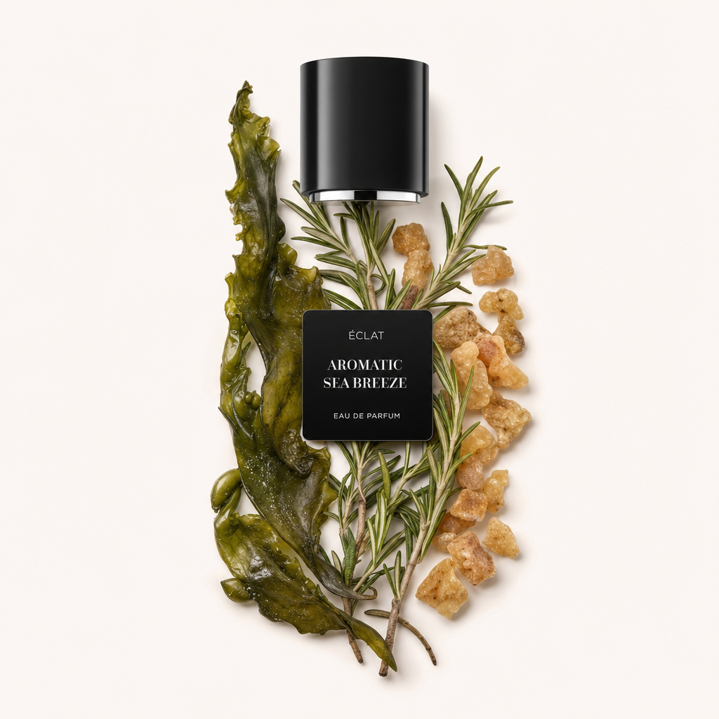 Kompozycja z wodorostów, gałązek rozmarynu i kawałków żywicy bursztynowej otacza czarną nakrętkę z etykietą ÉCLAT Aromatic Sea Breeze.