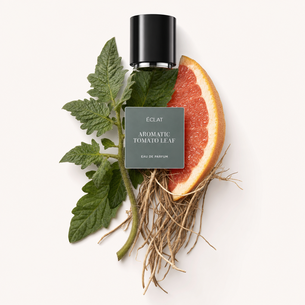 Ręcznie wykonaną kompozycję tworzą liście pomidora, plaster grejpfruta i korzenie roślin; na górze czarna nakrętka z etykietą ÉCLAT Aromatic Tomato Leaf.