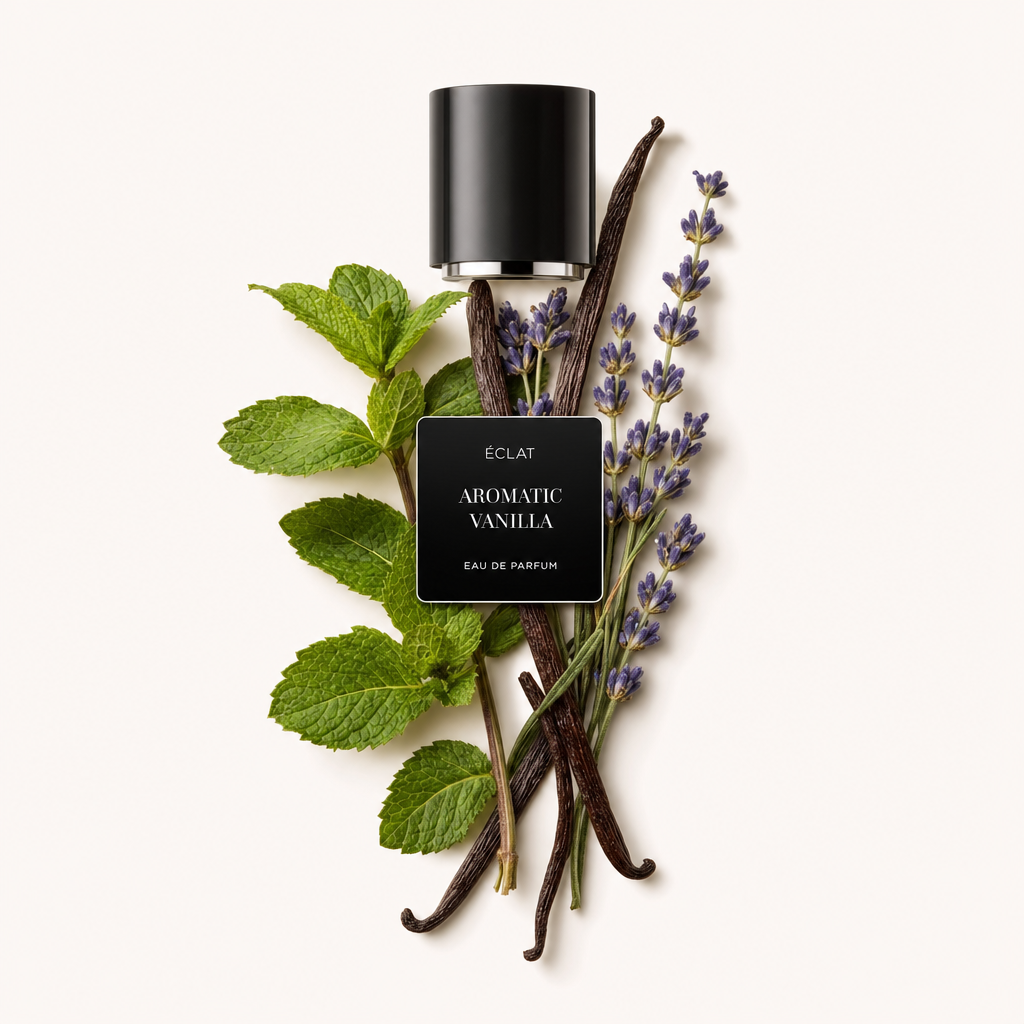Wyrafinowana kompozycja z liści mięty, gałązek lawendy i lasek wanilii otacza czarną nasadkę z etykietą ÉCLAT Aromatic Vanilla.