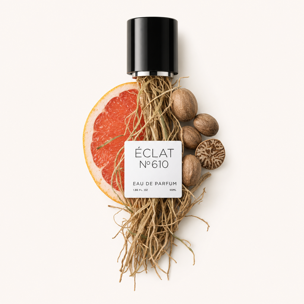 Kompozycja z korzeni wetiweru, połowy grejpfruta i gałki muszkatołowej otacza czarną nakrętkę z etykietą ÉCLAT Aromatic Vetiver.