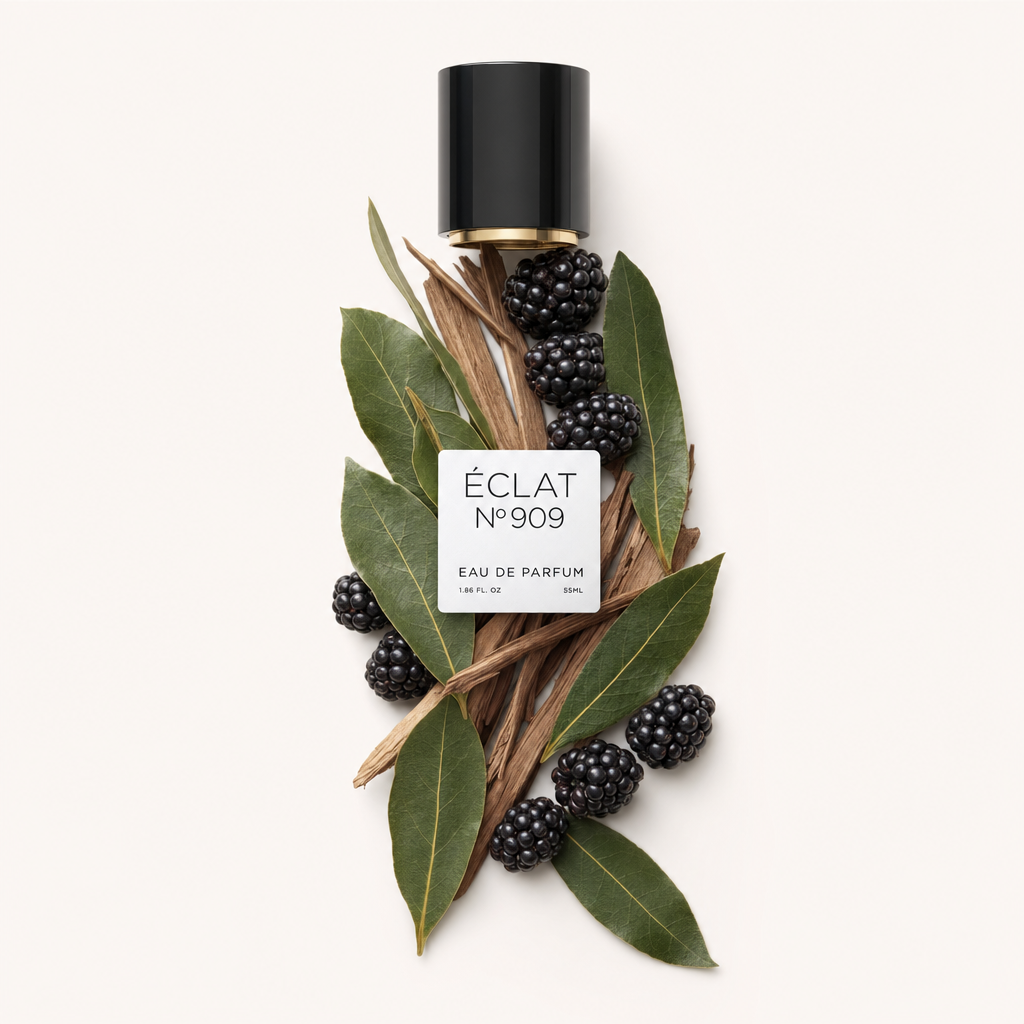 Kompozycja z świeżych jeżyn i liści laurowych otacza czarną zakrętkę z etykietą, reprezentując ÉCLAT Bay Leaf & Blackberry.