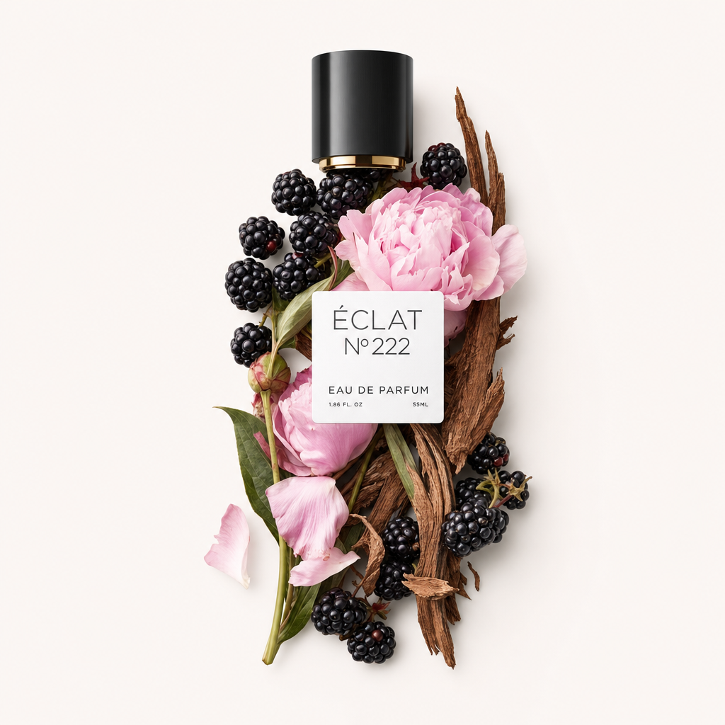 Kompozycja z różowych piwonii, jeżyn i kawałków drewna cedrowego z czarną nakrętką i etykietą ÉCLAT Berries & Cedar.