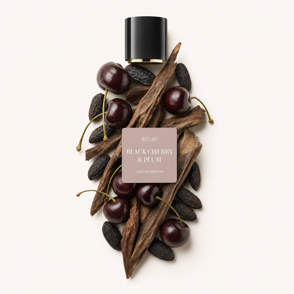Kompozycja z ciemnych wiśni, drewna śliwkowego i fasoli tonka otacza czarną nakrętkę z etykietą ÉCLAT Black Cherry & Plum.