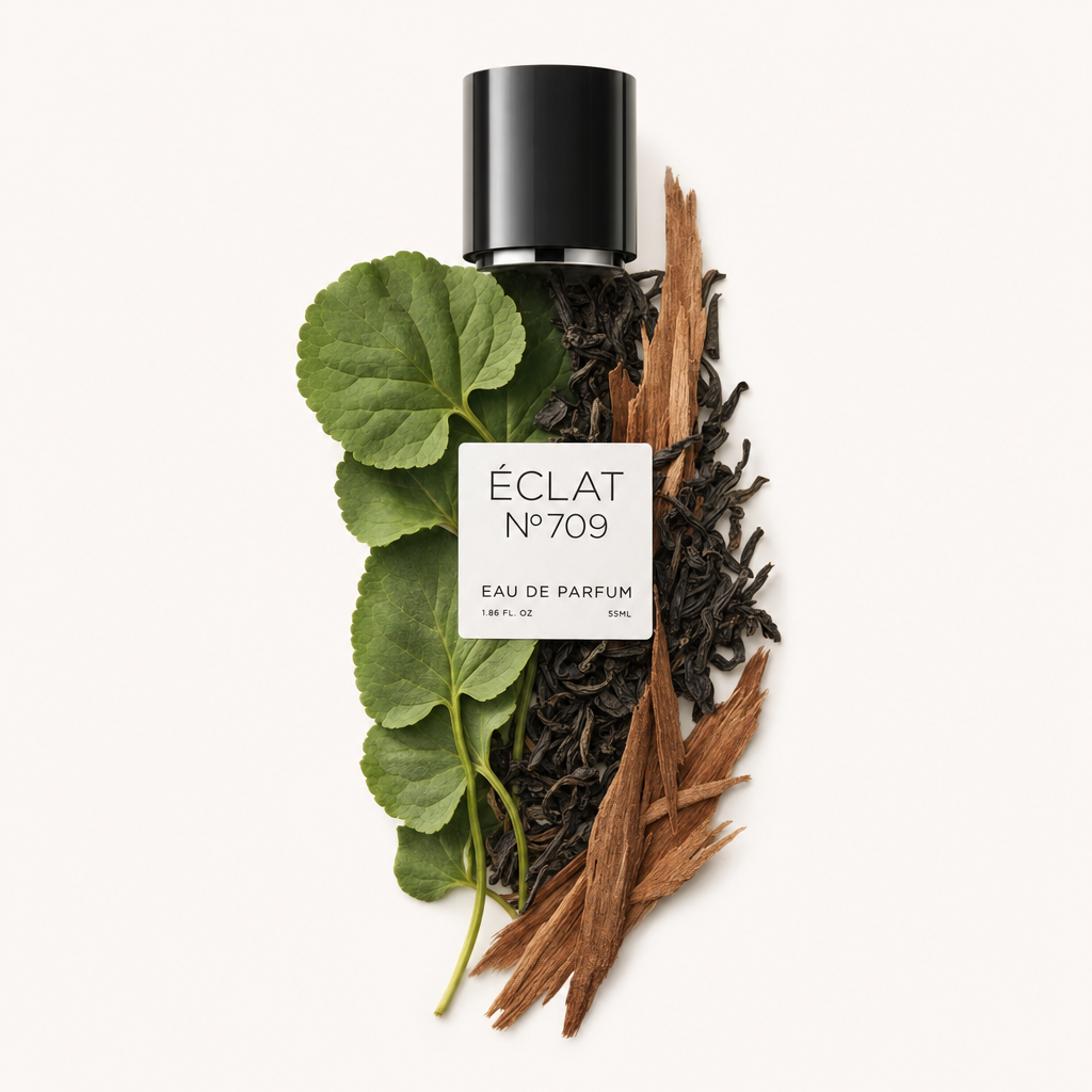 Artystyczne ułożenie liści zielonej herbaty, pasków cedru i luźnej czarnej herbaty z czarną nakrętką z etykietą ÉCLAT 709.
