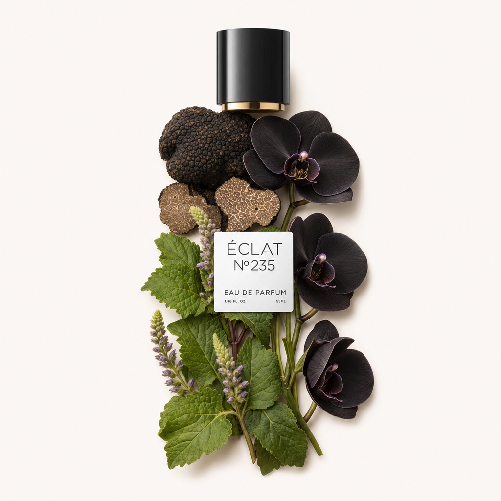 Ręcznie ułożona martwa natura z czarnych trufli, plasterków trufli, czarnych orchidei i zielonych liści otacza czarną zakrętkę z etykietą ÉCLAT Black Truffle & Orchid.