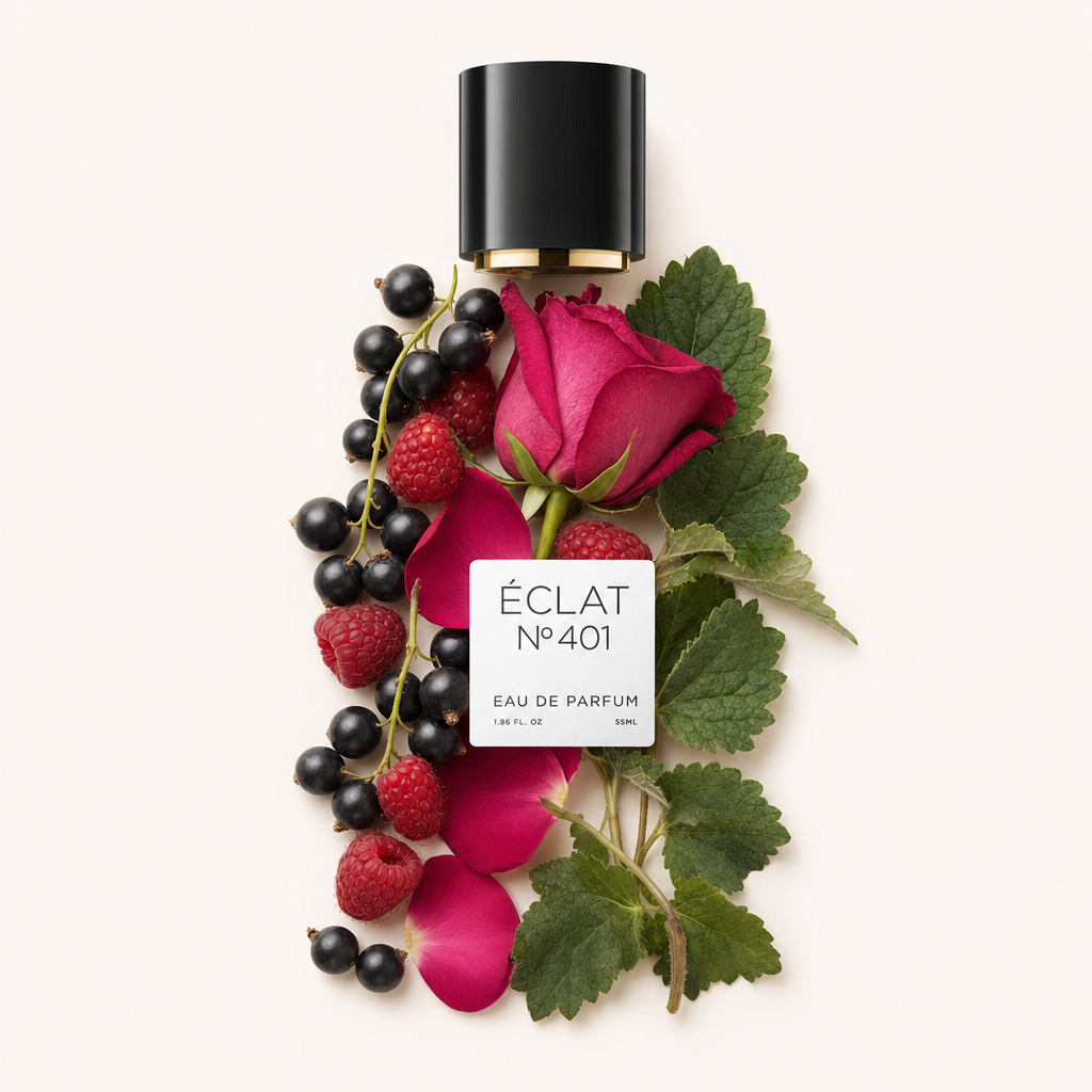 Aranżacja z czarnej porzeczki, malin, różowej róży i zielonych liści wokół czarnej nakrętki z etykietą ÉCLAT Blackcurrant & Raspberry.