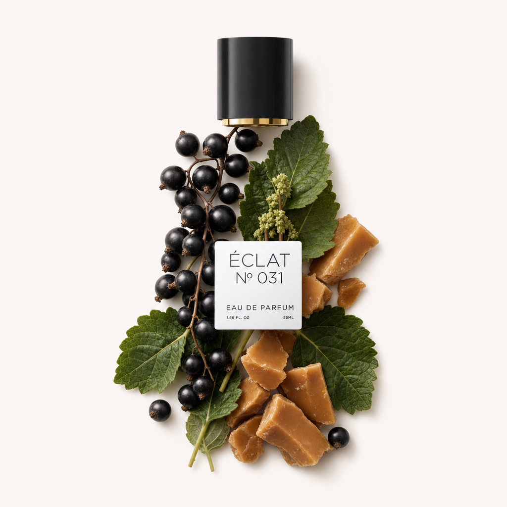 Kompozycja z czarnej porzeczki i kawałków toffi z zielonymi liśćmi otacza czarną nakrętkę z etykietą ÉCLAT Blackcurrant & Toffee.