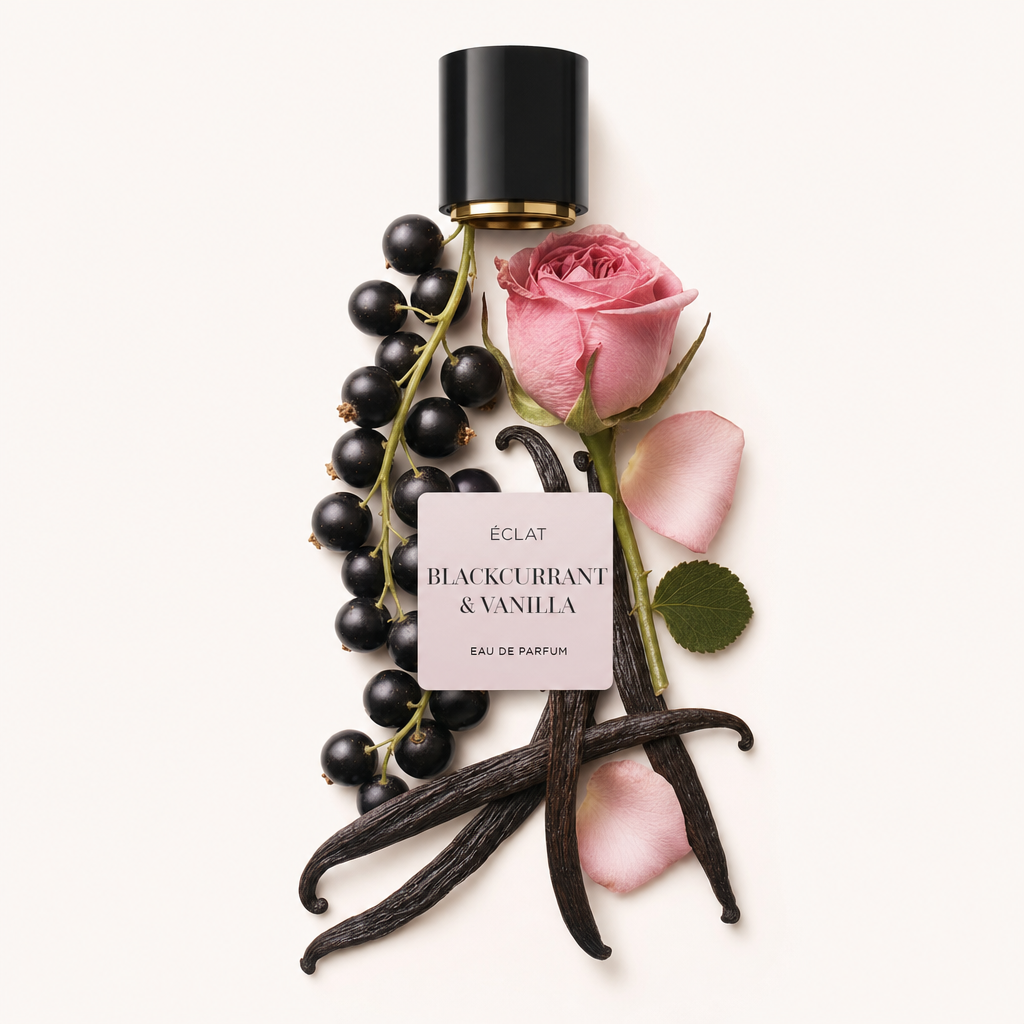 Kompozycja z czarnych porzeczek, różowej róży i lasek wanilii obok czarnej nakrętki z etykietą ÉCLAT Blackcurrant & Vanilla.