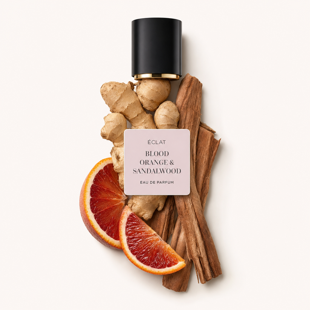 Aranżacja korzeni imbiru, plastrów krwawej pomarańczy i patyczków sandałowych jest artystycznie rozmieszczona wokół czarnego korka z etykietą ÉCLAT Blood Orange & Sandalwood.