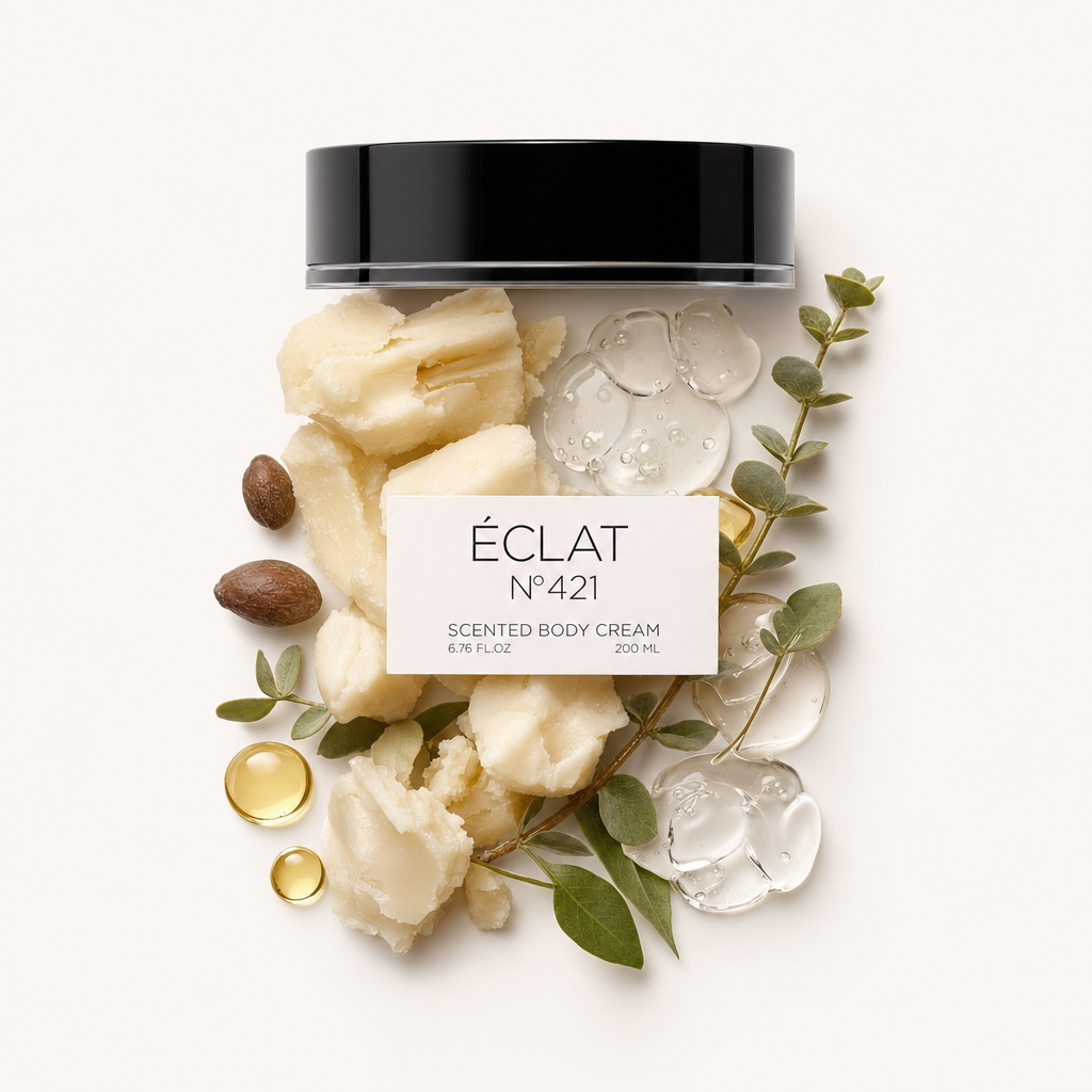 Wyrafinowana aranżacja surowych składników kremu do ciała obok czarnej nakrętki z etykietą, pokazująca ÉCLAT 421 Body Cream.
