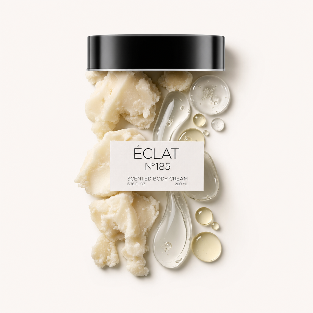 Eleganckie ułożenie składników ÉCLAT 185 Body Cream, z teksturowaną kremową konsystencją i błyszczącymi kroplami oleju pod czarną nakrętką z etykietą.