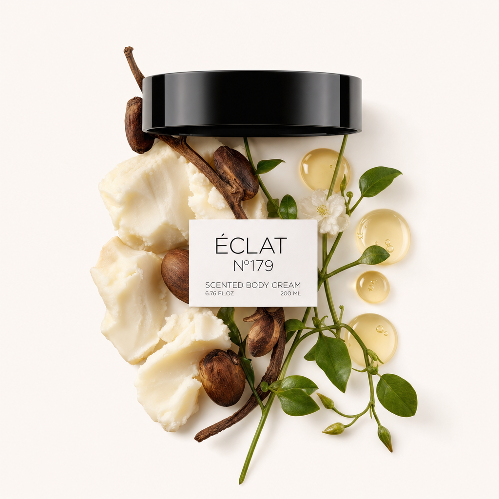 Aranżacja składników ÉCLAT 179 Body Cream z kawałkami białego kremu, brązowymi orzechami, zielonymi liśćmi i akcentami kwiatowymi, z czarną nakrętką z etykietą.