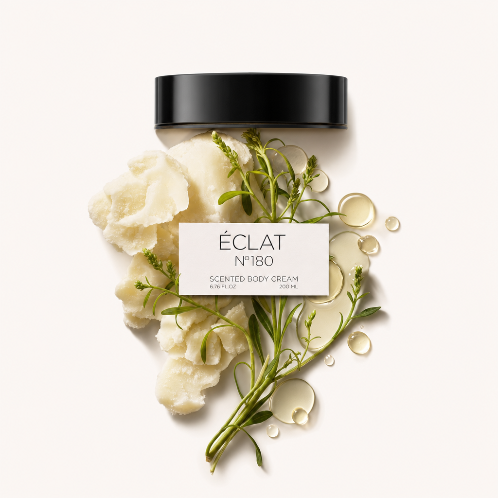 Kompozycja kremowych białych elementów roślinnych z zielonymi gałązkami i kroplami oleju otacza czarną nakrętkę z napisem "ÉCLAT N°180 Scented Body Cream".