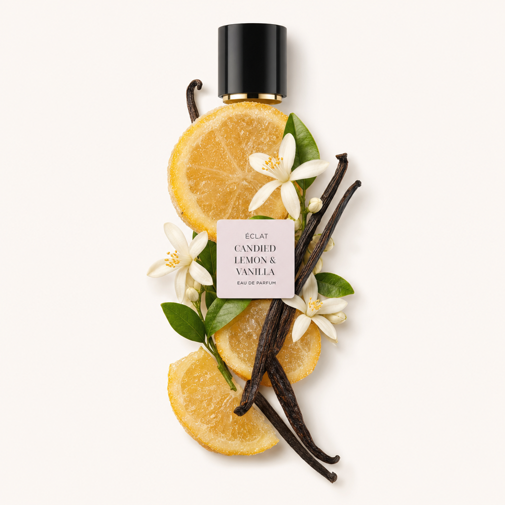 Układ z kandyzowanych plasterków cytryny, lasek wanilii i białych kwiatów otacza czarną nakrętkę z etykietą ÉCLAT Candied Lemon & Vanilla.