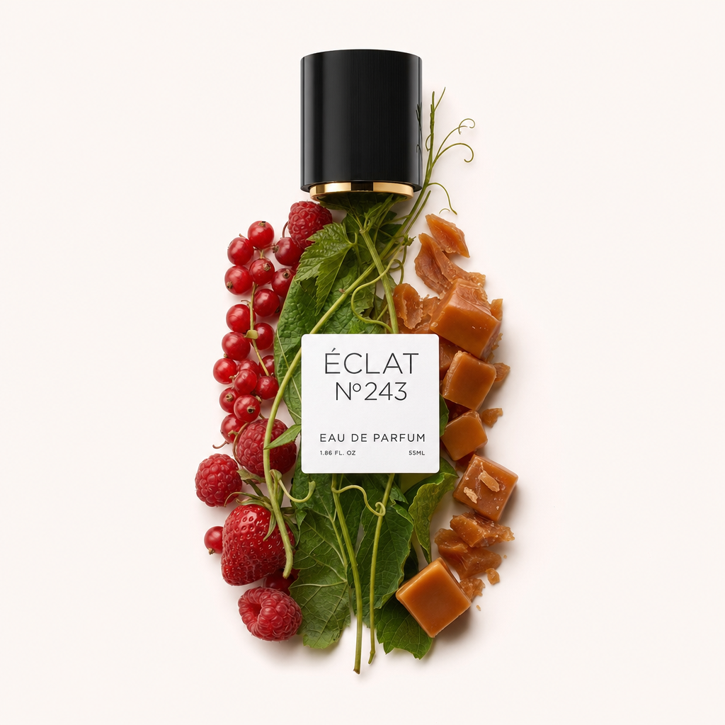 Kompozycja z świeżych czerwonych jagód, zielonych liści i kawałków karmelu otacza czarną nasadkę perfum z etykietą ÉCLAT Caramel & Berries.